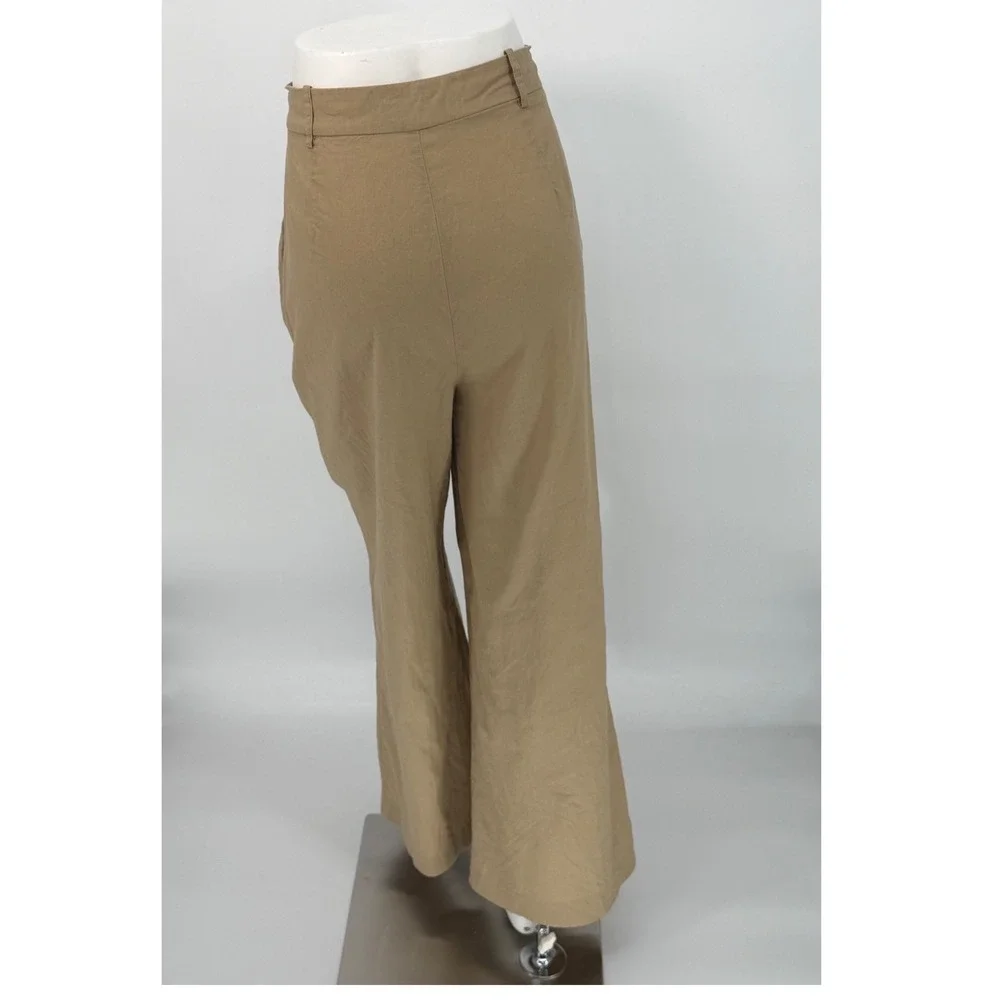Zara Tan Khaki Linen High Waist‎ Pleated Wide Leg Trousers  XL Resortwear 102-57